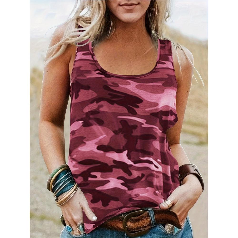Printed Camouflage Round Neck Womens Vest Basic Elastic Vest Casual