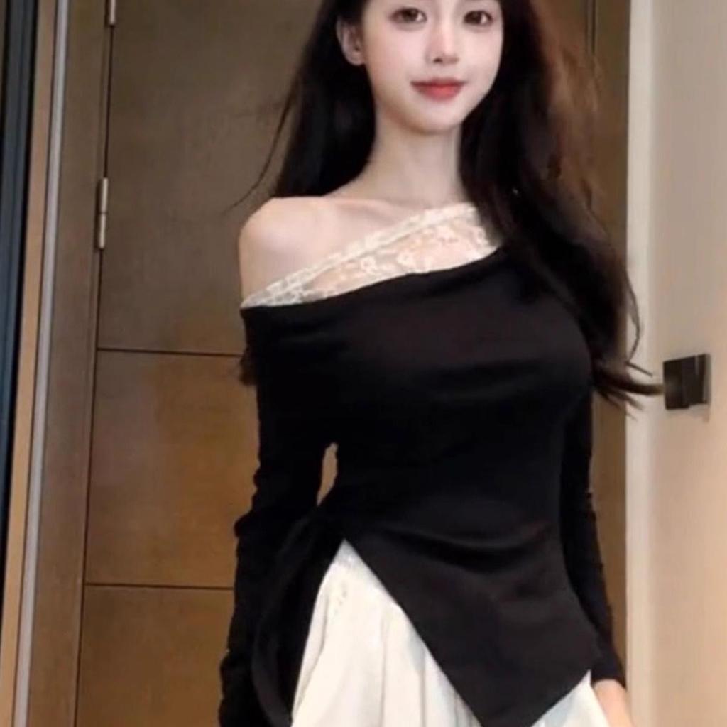 2024 Autumn Off-Shoulder Lace Patchwork Slimming Long-Sleeve Top