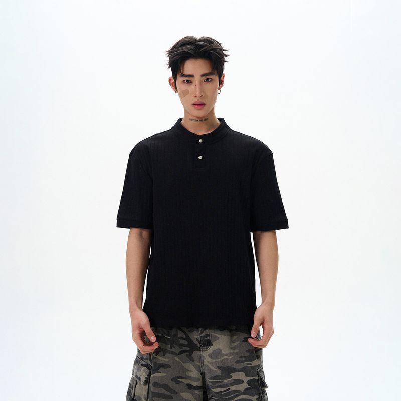 Kisko Old Money Style Simple Basic Henry Collar Textured Short-Sleeve T-Shirt for Men and Women Niche High-End Casual Top