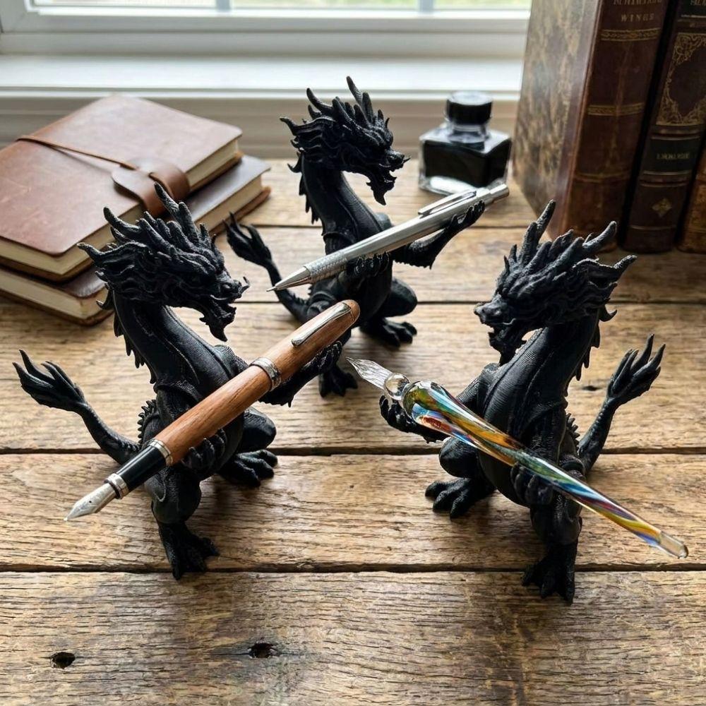 Oriental Myth Dragon Shaped Pen Holder 3D Printed Fantasy Dragon Desk Ornament Home Office Desk