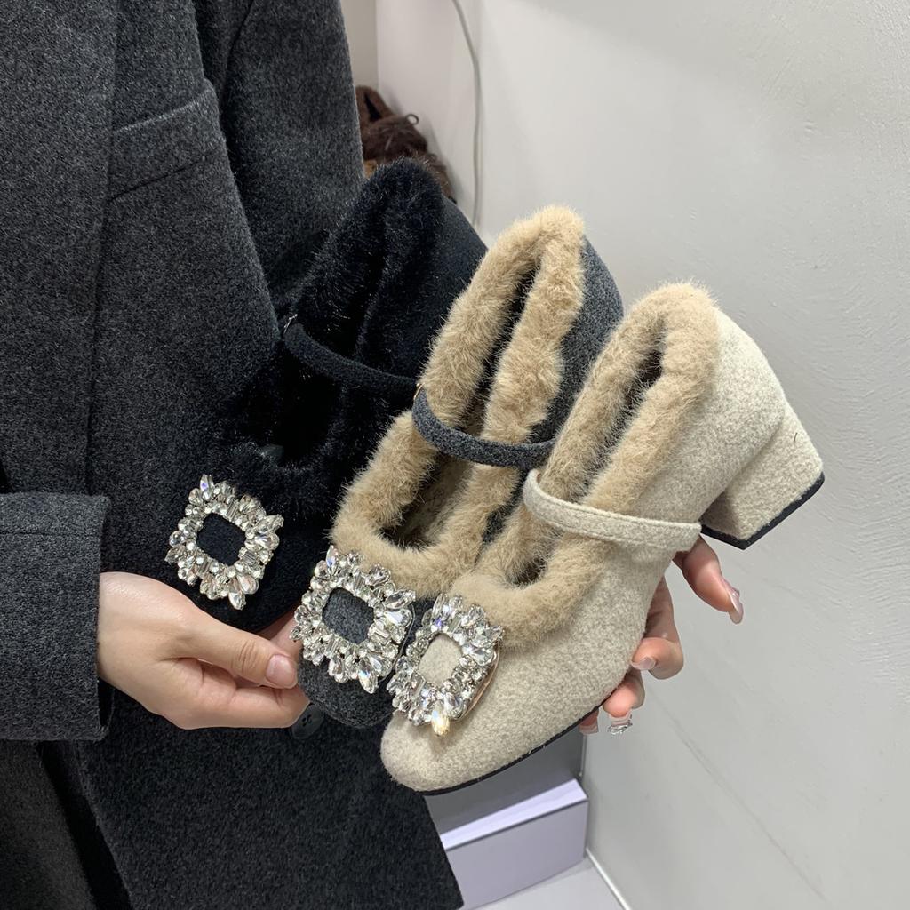 Warme Damen-High Heels Strass dicker Fleece quadratische Spitze Fleece-Mützen-Schuhe Damenschuhe Einzelne Schuhe Mary Jane