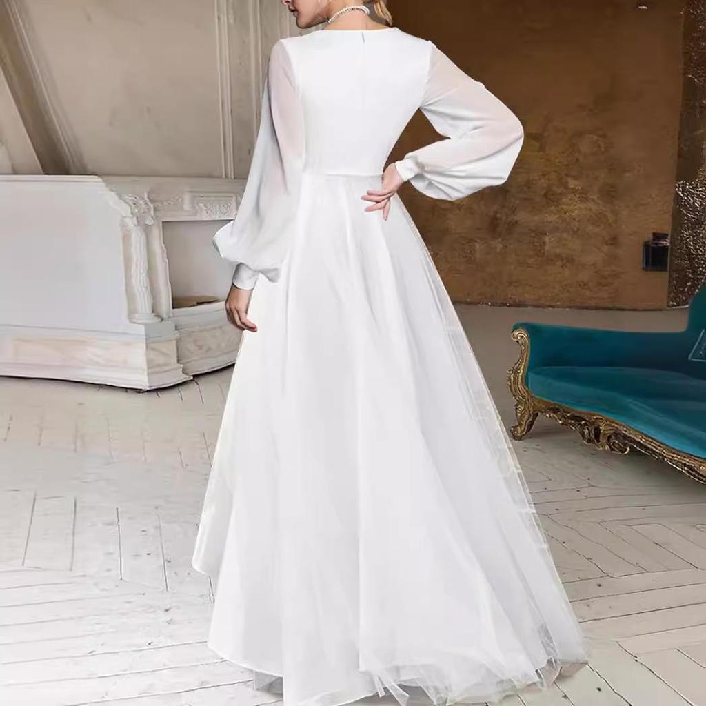 Elegantes europäisches und amerikanisches V-Ausschnitt Einfarbig Taillenbetont Slim Fit Langarmkleid für Damen