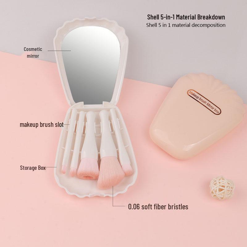 Seashell Portable Makeup Brush Set with Mirror - 5-Piece Eyeshadow & Foundation Tools
