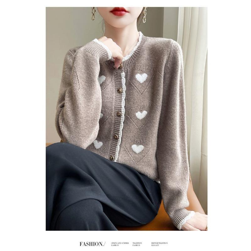 Love Hollow Crocheted Long-sleeved Sweater Jacket for Women Color-blocked Knitted Cardigan Sweet Top