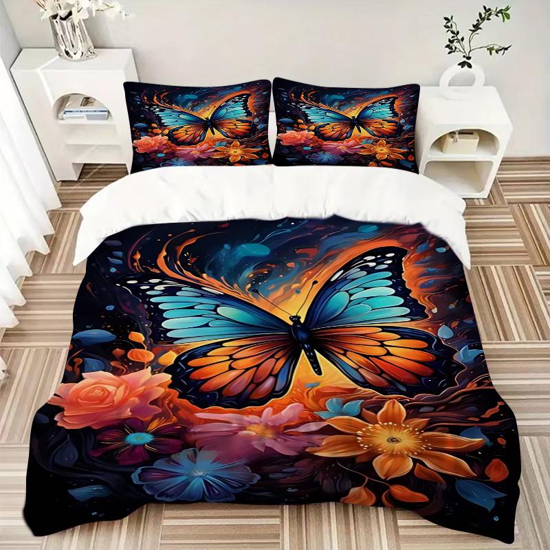 3pcs Colorful Butterfly Flower Bedding Set - Includes One Quilt Cover and Two Pillowcases (No Core) - Home Decor, Festival Gift, Polyester Fabric, Ani