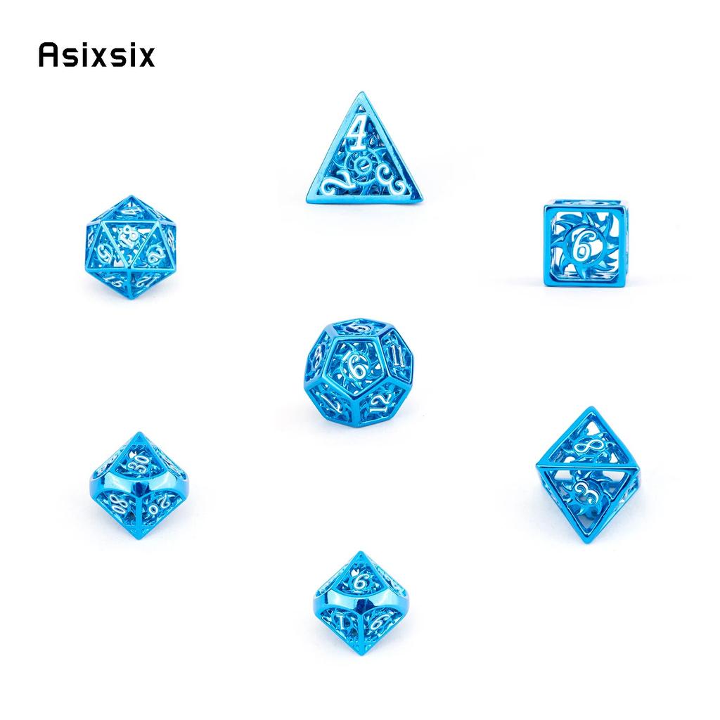 7 Pcs Blue White Rotary Cyclone Metal Dice Hollow Metal Polyhedral Dice Set Suitable for Role-Playing RPG  Board Game Card Game