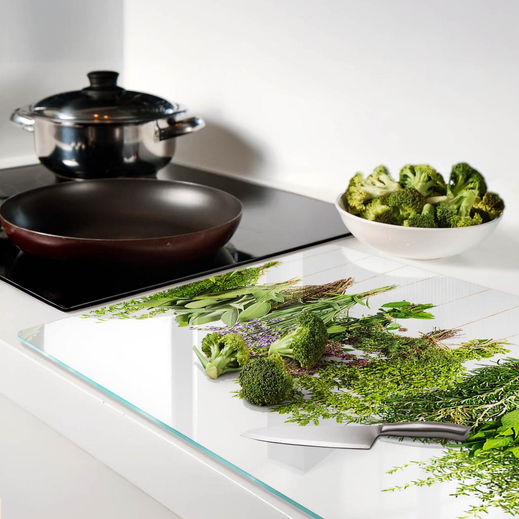 Glass Kitchen Serving Board with Herb String Graphics 80x52 Cm