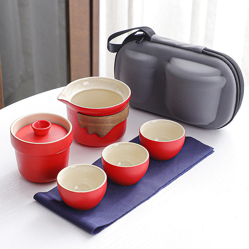 Travel tea set, portable small bag, black pottery, easy to carry outdoors, a pot of three cups of express cup