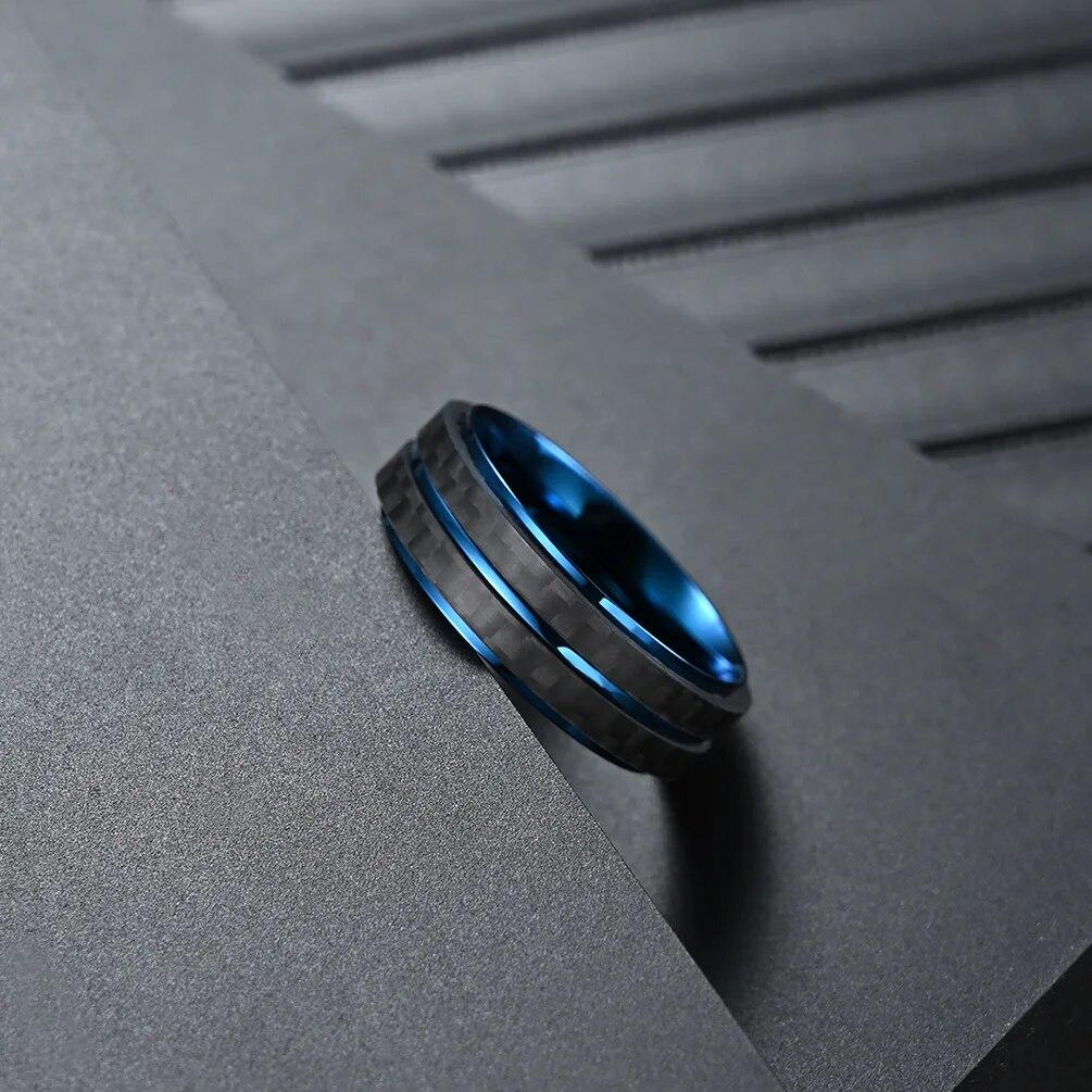 Black Carbon Fiber Ring Anniversary Jewelry Men's Wedding Band Blue/Rose Gold Stainless Steel Engagement Ring For Man Woman