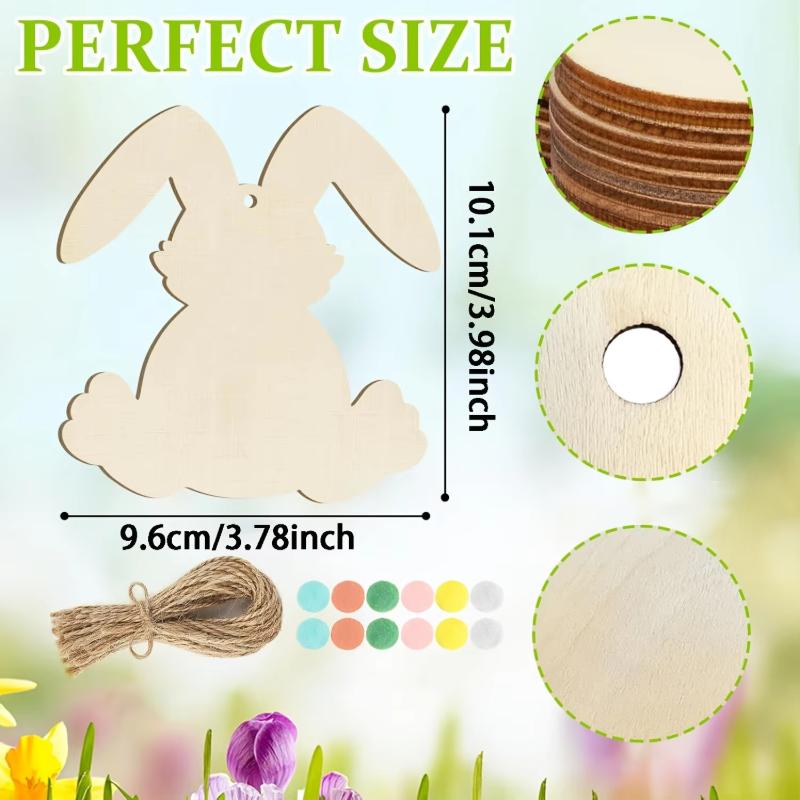 24-Pack Wooden Rabbit Pendants,Easter Bunny Hanging Ornaments,DIY Crafts&Home Decor,Manufactured Wood, Easter Party Supplies