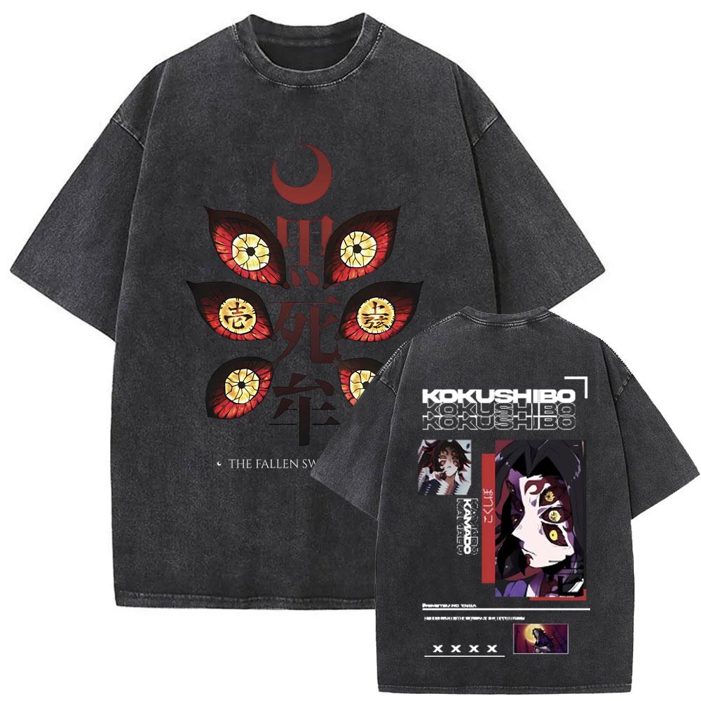 Washed Vintage Anime Demon Slayer Tokitou Muichirou Double Sided Print T-shirt Women Cotton Oversized T Shirts