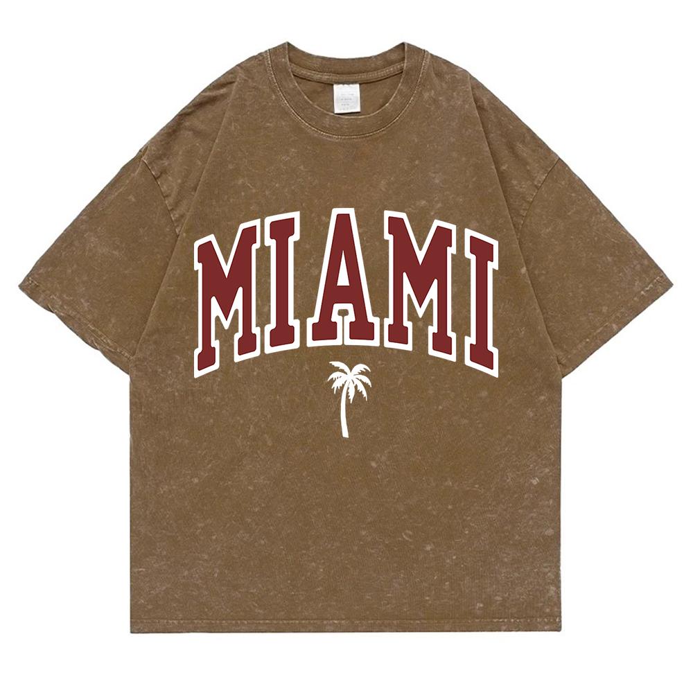 Miami Coast Kokospalmer Tvättade Retro Snögubbar T-shirts Bomull Oversized Kortärmad Lös T-shirt Andningsbara Toppar