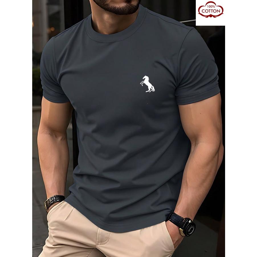 T-shirt Top Short Sleeved 100% Cotton "horse" Print, Summer All Season Men's Comfortable High-quality Casual Sports Luxury