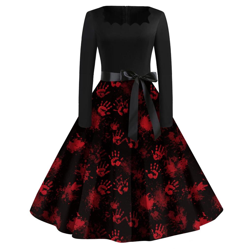 Women's Casual Fashion Halloween Printed Square Neck Vintage Dress