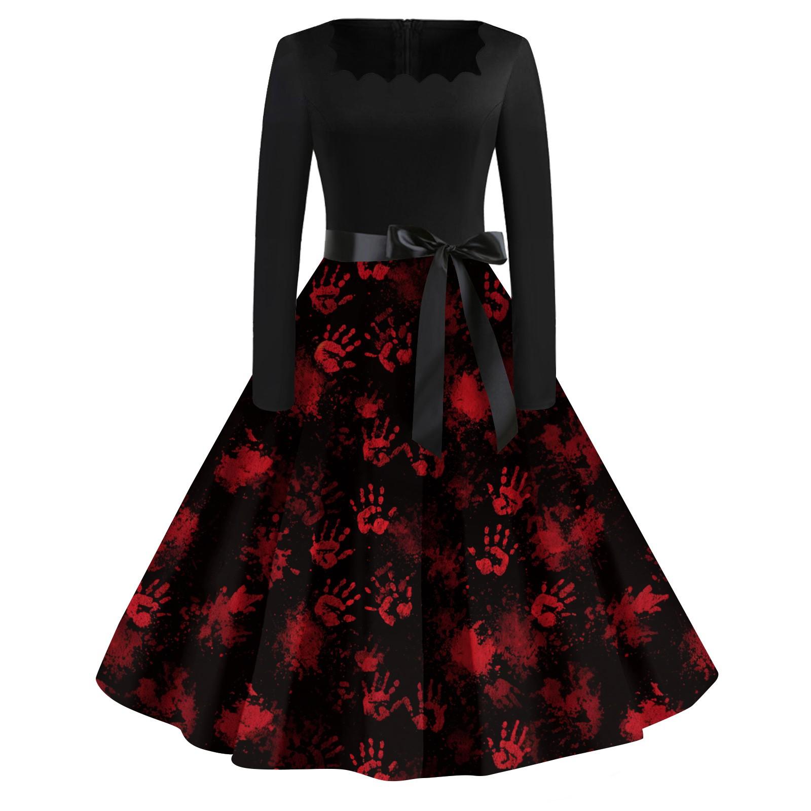 

Женское повседневное модное платье винтажного стиля с квадратным вырезом и принтом на Хэллоуин XL винный