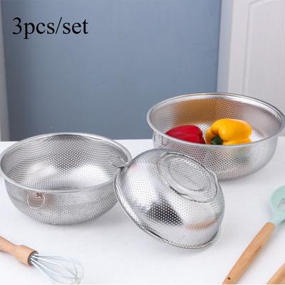 3pcs/set 16.5cm 19.5cm 22.5cm Stainless Steel Kitchen Draining Basket - Perfect for Fruits & Vegetables, Essential Cooking Accessory