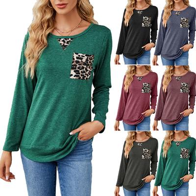 Spring and Autumn Women's New Fashion Leopard Stitching Long-sleeved T-shirt Ladies Casual Tops