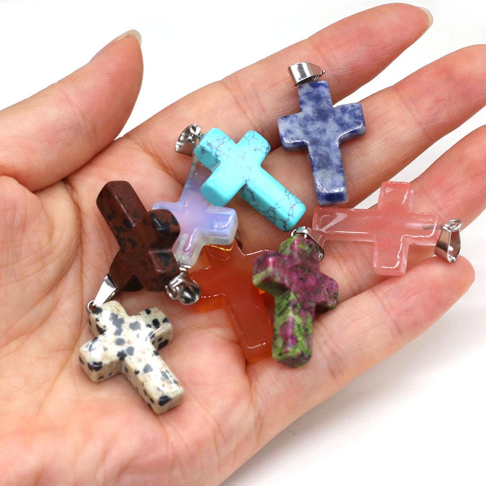 5Pcs Natural Stone Quartz Pendants Exquisite Cross-shaped Semi-precious Charms for Jewelry Making DIY Necklace Accessory Easter Gifts