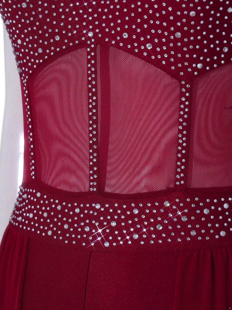 Women Lyrical Dance Unitard Glitter Rhinestone Halter Backless Sheer Waist Tight Pants Mesh Layer Jumpsuit Flowing Dancewear for Stage Performance