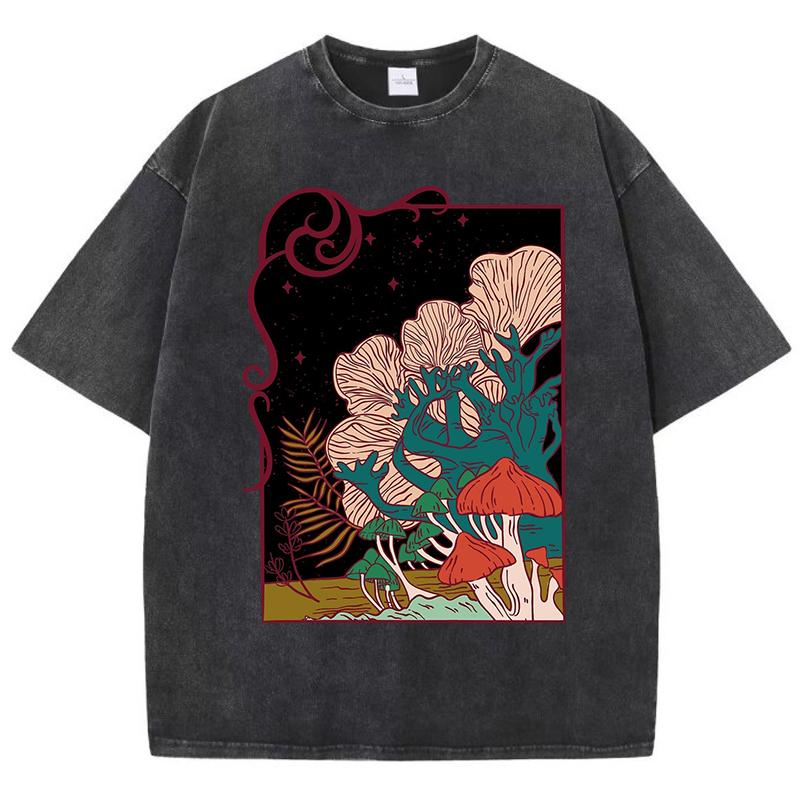 Cottagecore Garden Mushrooms Print Women Washed T Shirts Hip Hop Summer T-Shirt Loose Clothes Cotton Streetwear