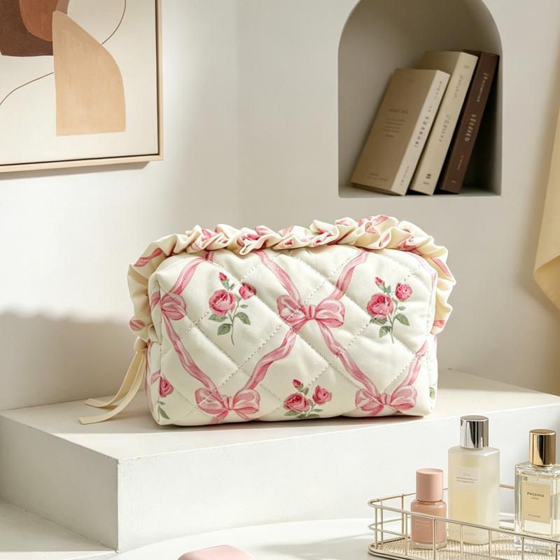 1Pcs Cute Quilted Makeup Bag Floral Bow Large Capacity Cosmetic Bag Makeup Pouch Women Girls