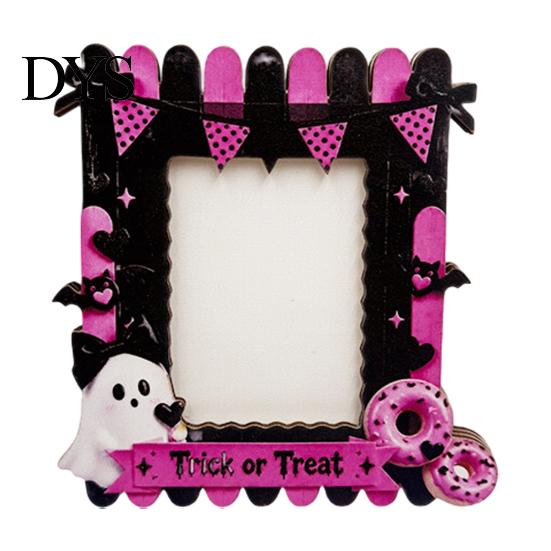 Halloween Photo Frame Wooden Frame, Cute Ghost Butterfly Cat Tabletop Decor Display Slot with Stand, Sweet Kawaii Pumpkin Picture Holder for