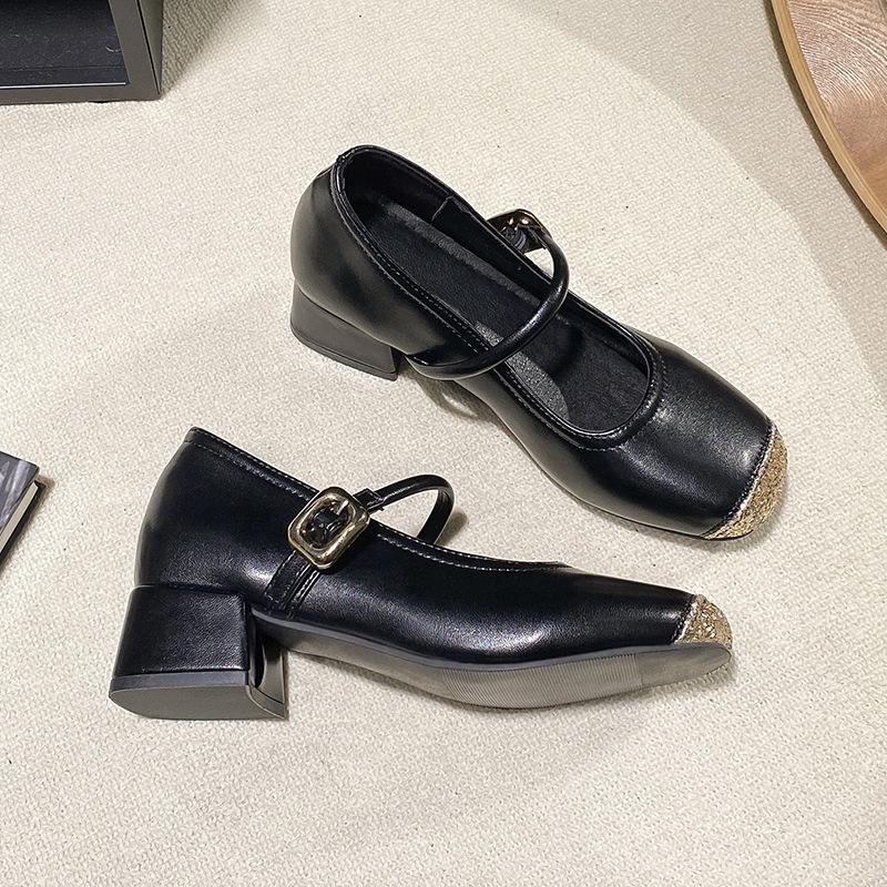 

2025 лето новый сказочный стиль мягкая подошва толстый каблук туфли на высоком каблуке с повседневными серебристыми туфлями Мэри Джейн для женщин 39 чёрный