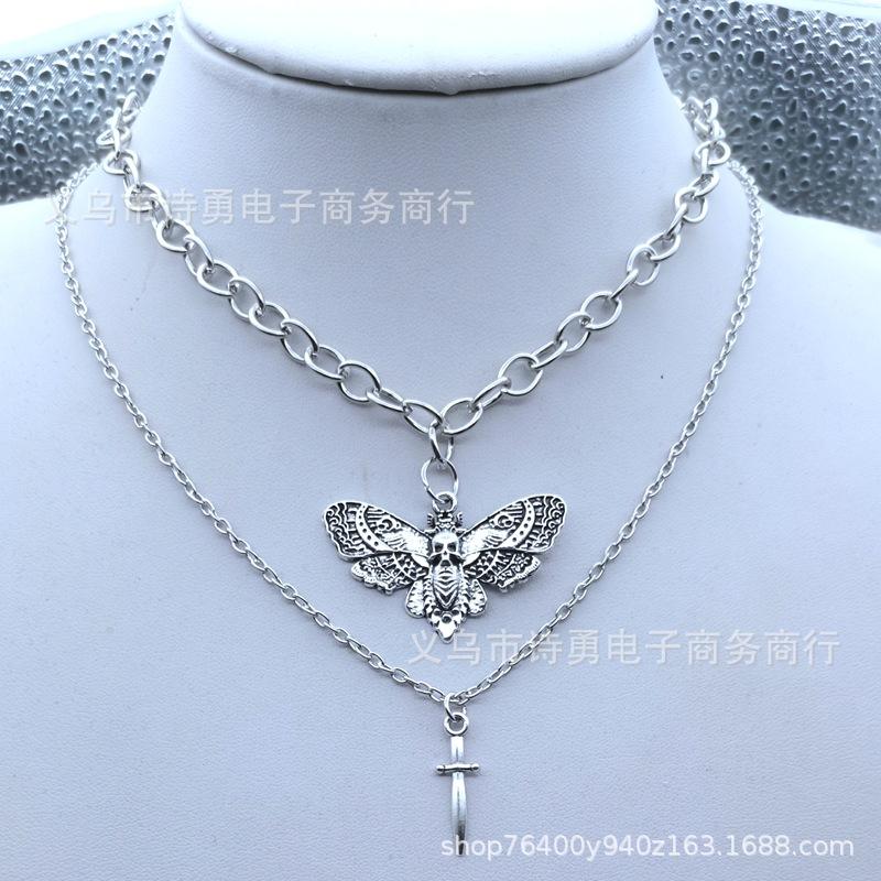 Gothic Silver Skull Moth Dagger Necklace Pendant