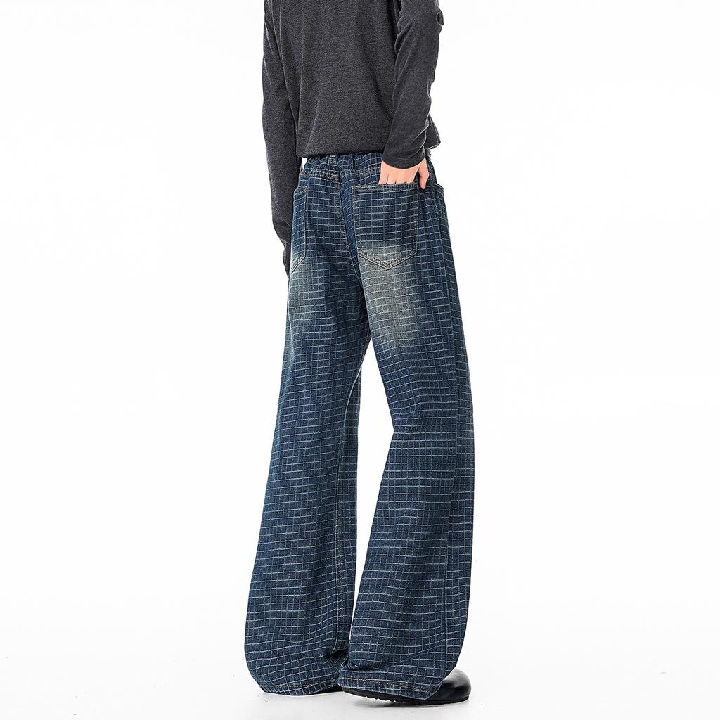 Karomuster Jacquard leicht ausgezogene Jeans Herren Amerikanischer Retro Weiter Bein Zeigt Hohes und Dünnes Vibe Stil Lässige Hose Xintang