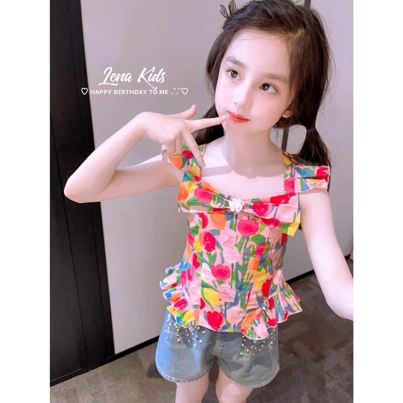 LENAKIDS Girls  Floral Tops & Denim Shorts 120