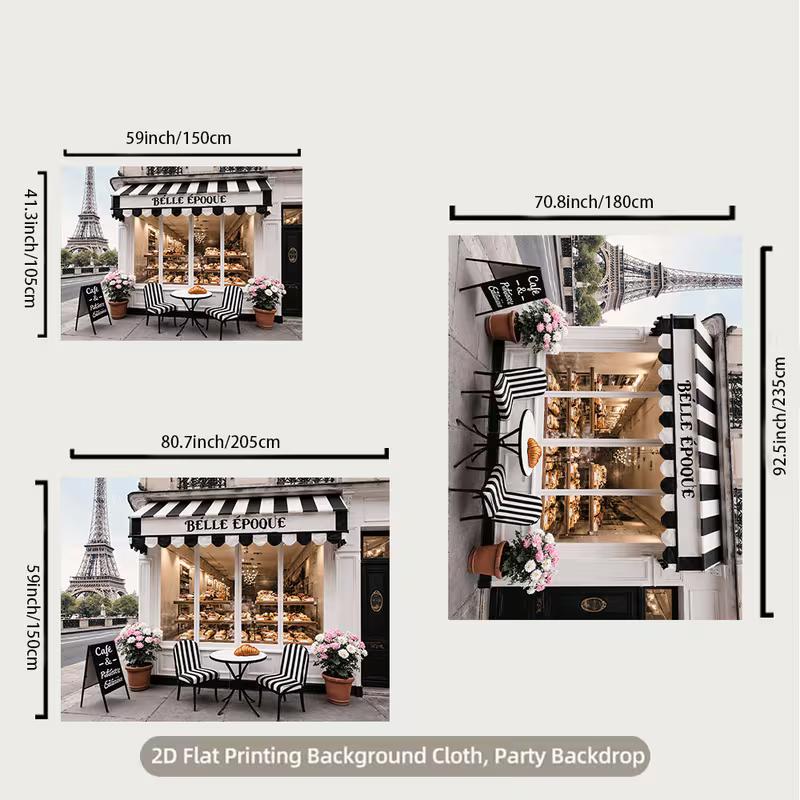 2D flache Pariser Bäckerei Kulisse, Croissant-Shop & Eiffelturm Party Hintergrund