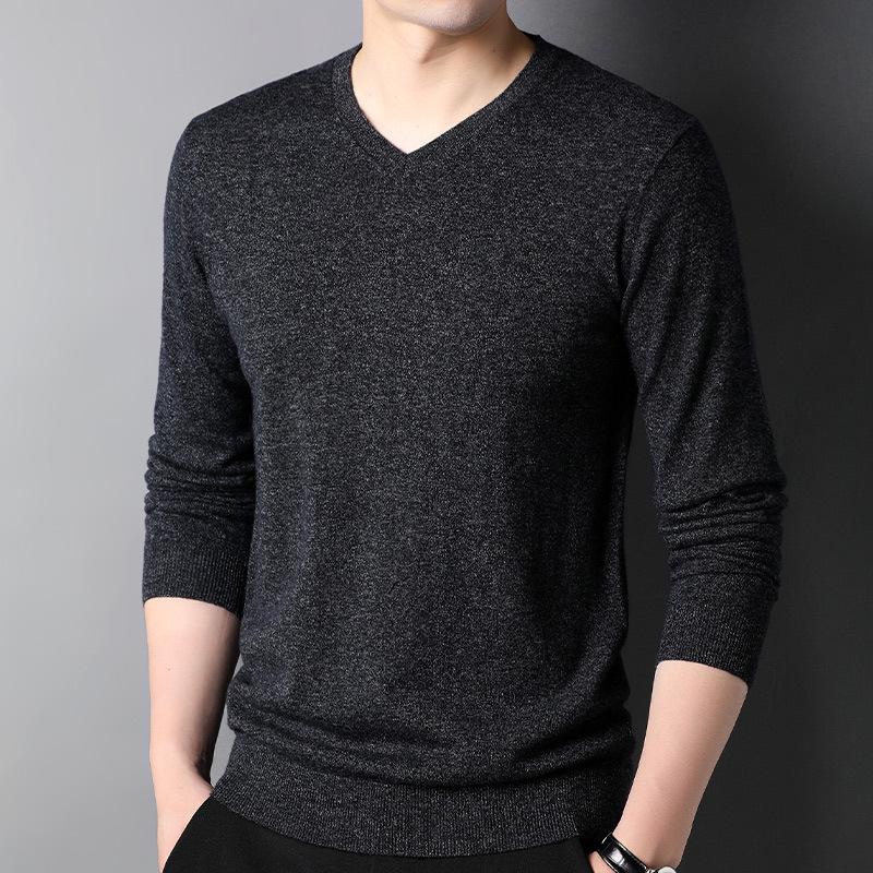 Men s Slim-Fit 100% Wool Sweater - 2023 Autumn/Winter Collection, Solid Color Fine Knit L