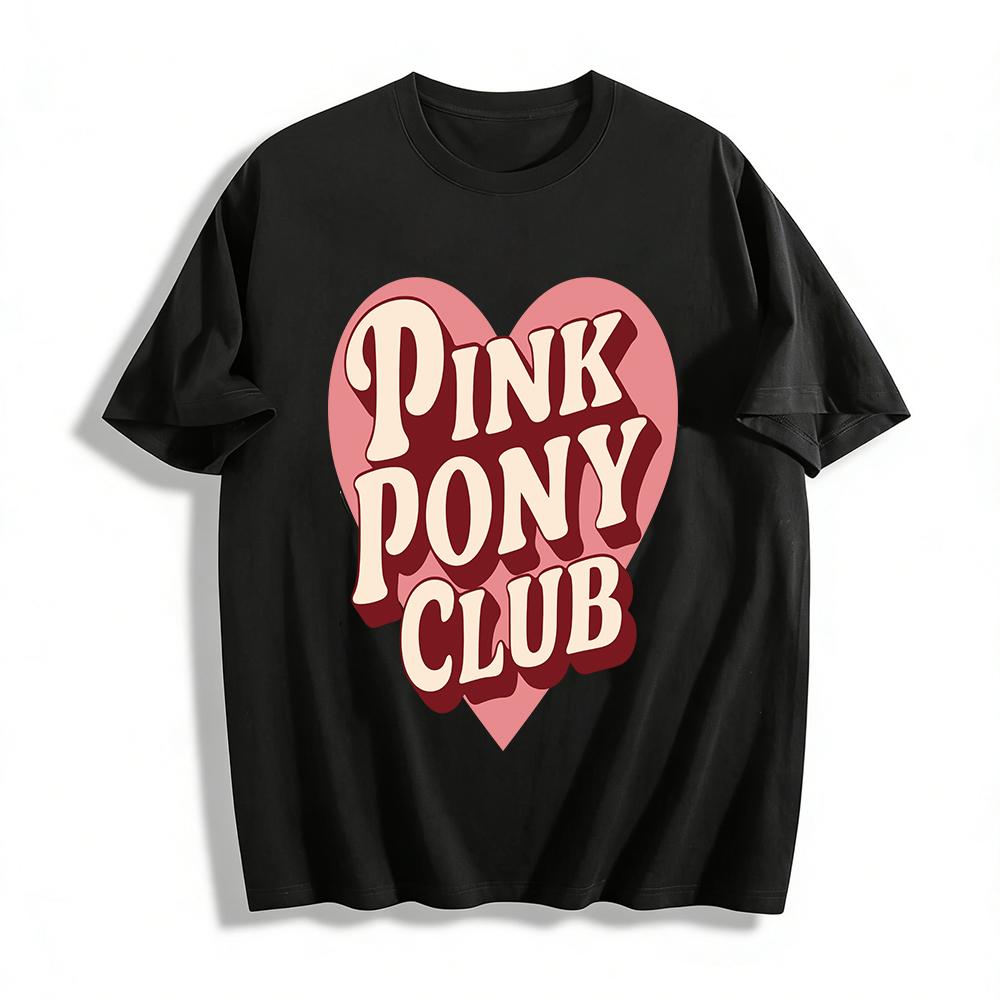 

Vintage Pink Pony Club Heart Print T-Shirt Y2K Casual Loose Crew Neck Short Sleeve Top Pure cotton T-shirt XXS
