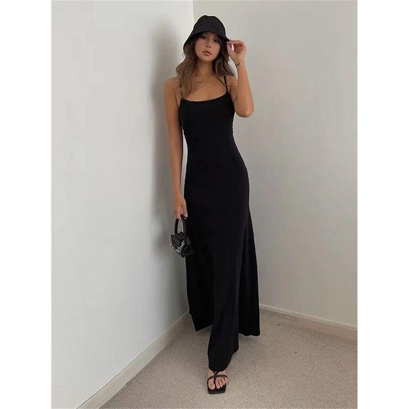 

Strap Waist Cinched Backless Dress Sling Waist-Tight Pure Color Backless Dress black M