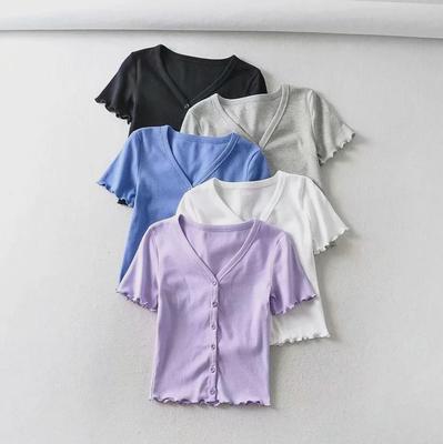2020 Summer Slimming V-neck Ruffle Solid Short-sleeve Cardigan T-shirt