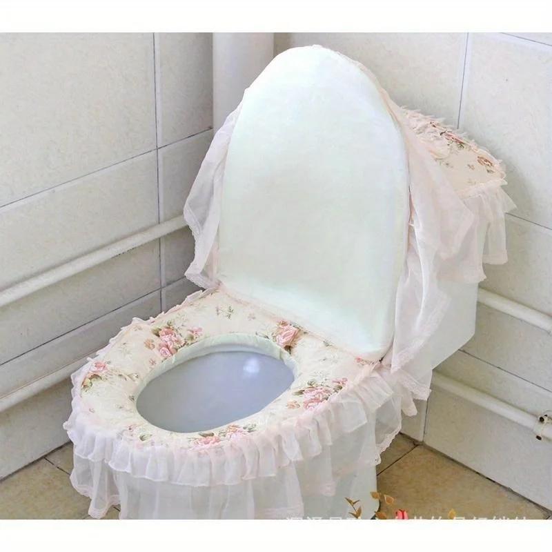 

3 PCS/Set High Grade Lace Fabric Bathroom Toilet Seat Cover With Zipper Thick Seat Cushion Home Supplies бежевый
