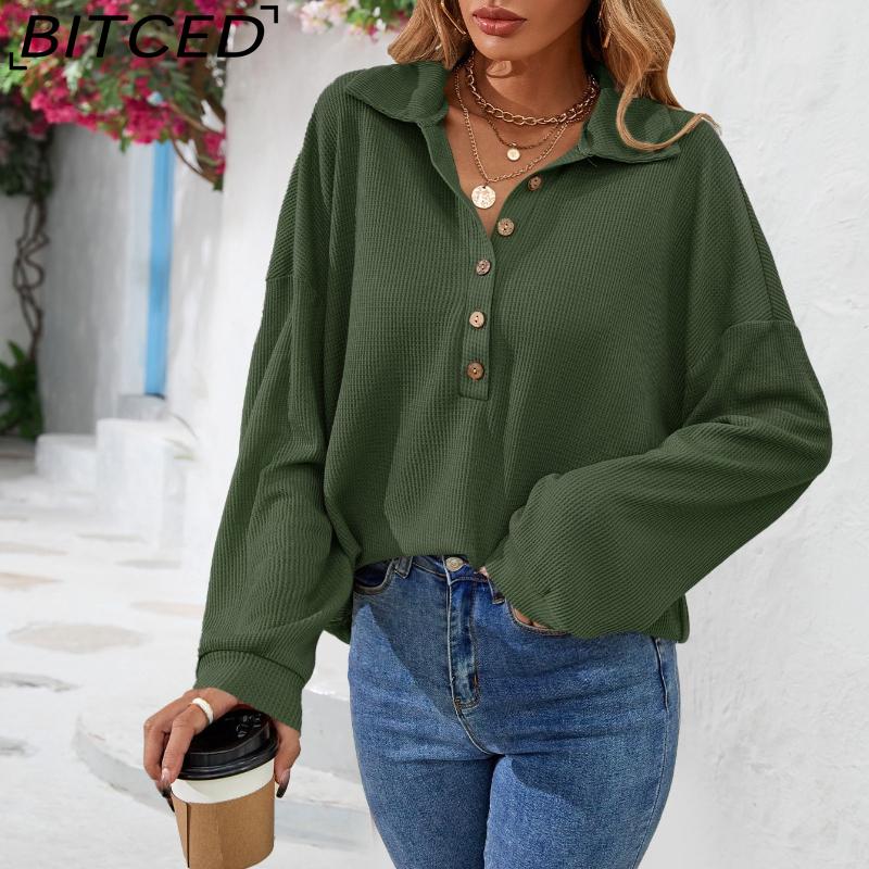BITCED Women's Fall/Winter Polo Neck Button-Up Solid Color Long-Sleeve T-Shirt