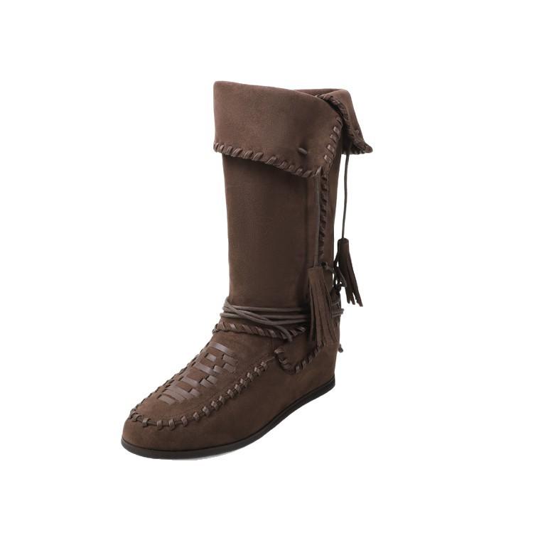 Round Head Suede Boxing Boots Women's 2025 New Inner Height Increase Lace-up Retro Weaving Versatile and Comfortable Two-wear Casual Shoes