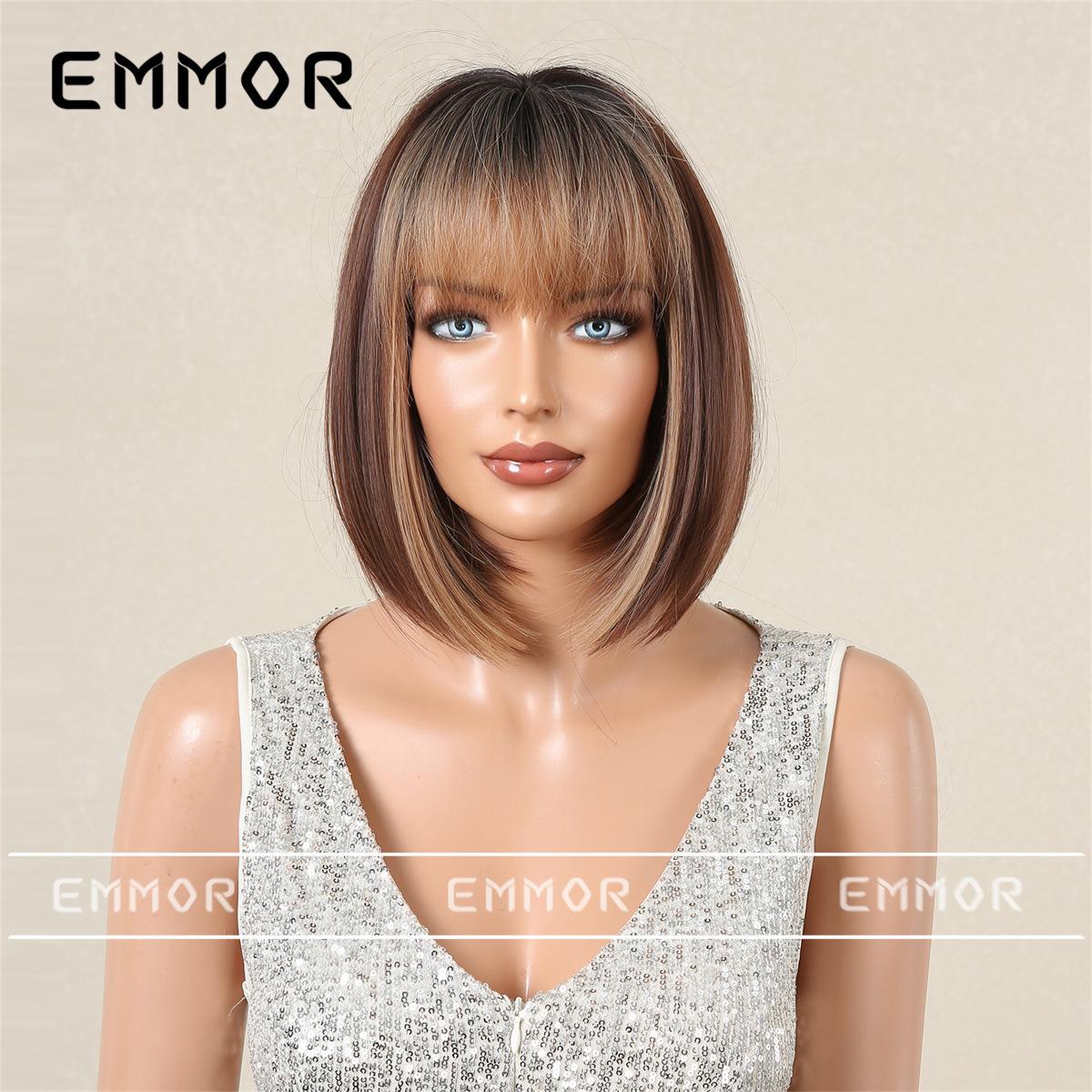 

Парик боб для женщин в европейском и американском стиле с прямой челкой, летние термостойкие парики с полной шапкой из синтетического волокна коричневый