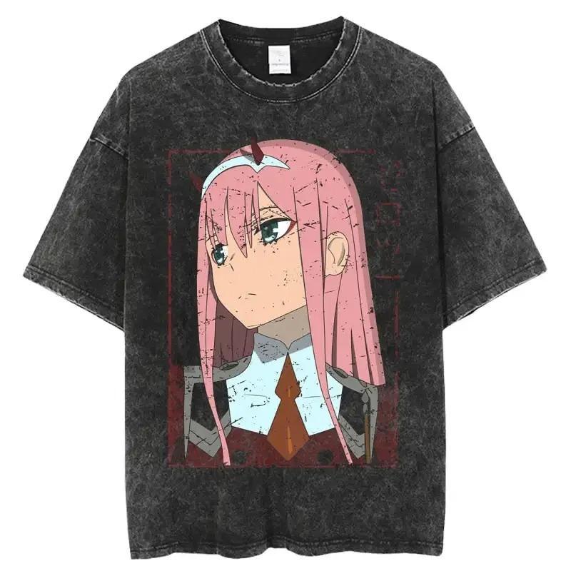 Zero Two Darling In The Franxx Vintage Acid Washed Anime T-Shirt Vaporwave Aesthetic Black Oversized Unisex Streetwear Fan Tee
