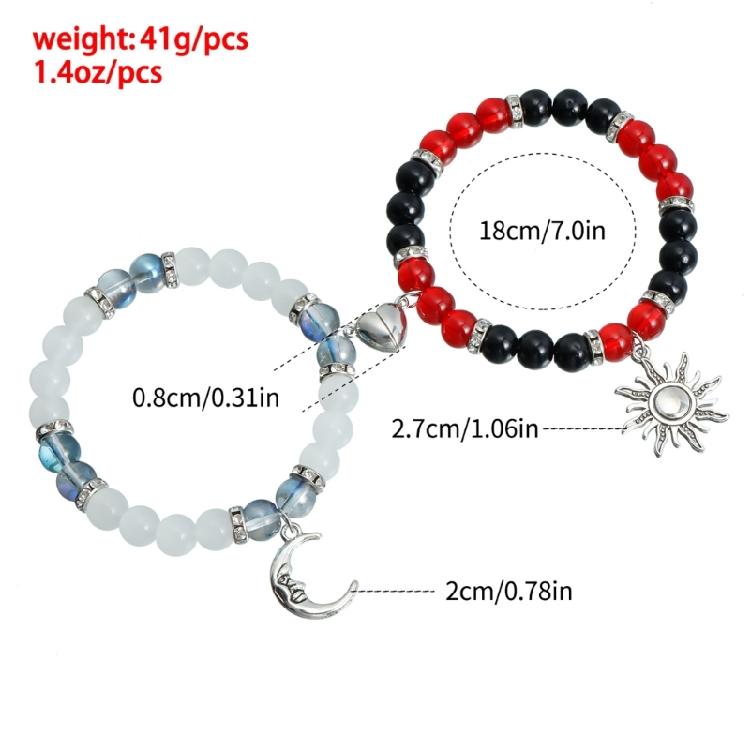 2Pieces Elegant Crystal Bead Bracelet Magnetic Clasp Handchain for Couples Adjustable Matching Wristbands Accessory