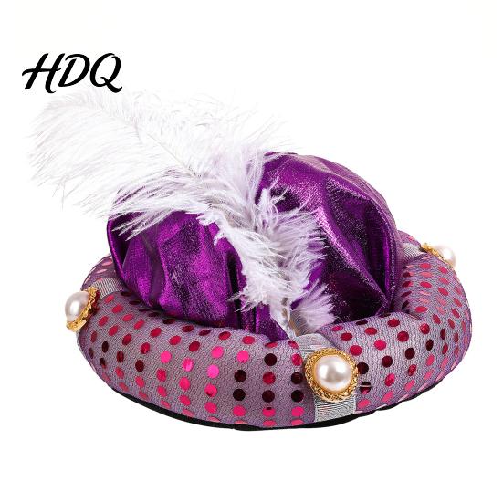 Sparkly Arabian Style Costume Accessory Indian Sultan Hat Shiny Sequins Feather Plume Cap Novelty Festive Holiday Gift for Cosplay Prince Hat Dress