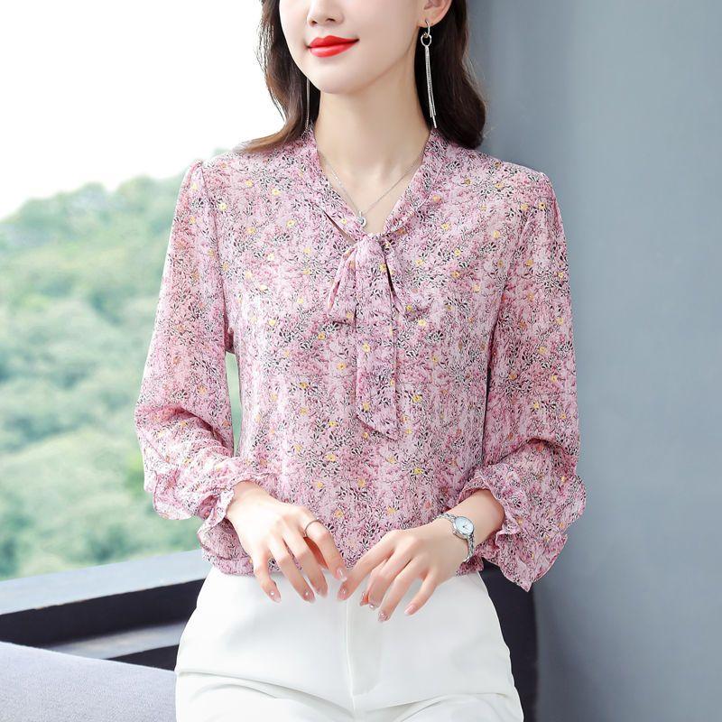 M-4XL Floral Chiffon Shirt for Women Spring Summer New Mom's Clothing Fashion Long Sleeve Bottoming Blouse