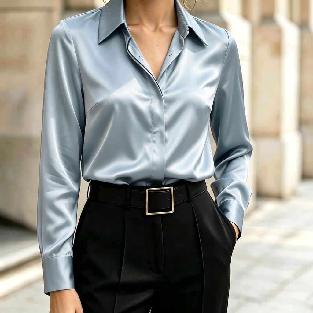 Women's Long Sleeve Satin Button-Up Shirt with Lapel Collar Casual Blouse Top