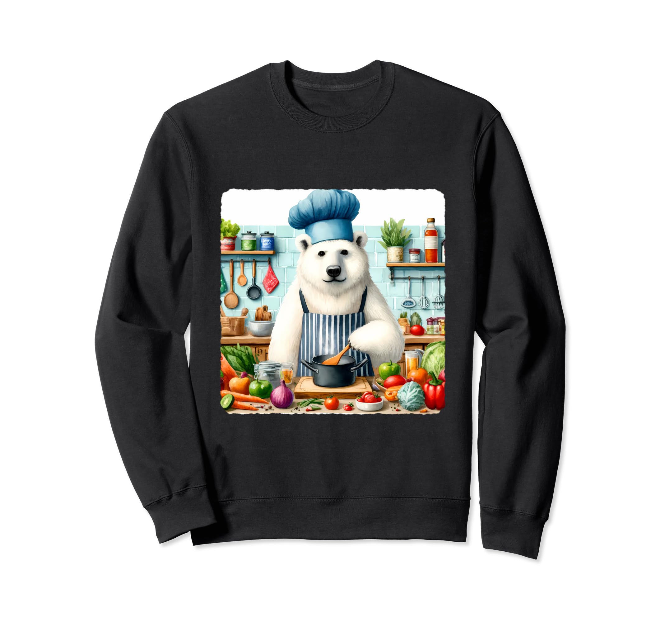 Белый медведь готовит на кухне Овощи Кухонная утварь Живой свитшот чёрный 6230₽