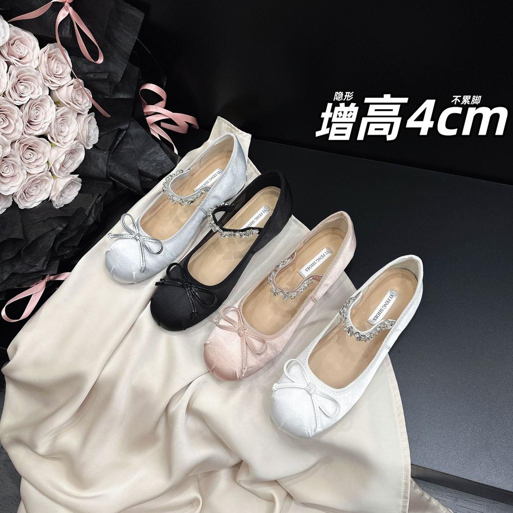2025 autumn new French heightening 4cm satin bow Mary Jane shoes rhinestone word with thick heel single shoes women