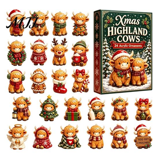 Dekorative hängende Baumdekorationen Weihnachten Hochlandkuh Adventskalender, 24 süße 3D-Mini-Figuren, Tag-Countdown-Box Bauernhaus-Feiertagsdekoration,