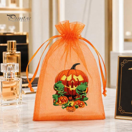 Halloween Party Prop 12 Pcs Organza Candy Bag, Drawstring Treat Pouch with Pumpkin Ghost Bat Storage Bag Print, Sheer Favor for Snacks, Trick or Gift