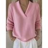 Damen Uni V-Ausschnitt Locker Langarm Strickpullover Pullover Freizeit Strickwaren