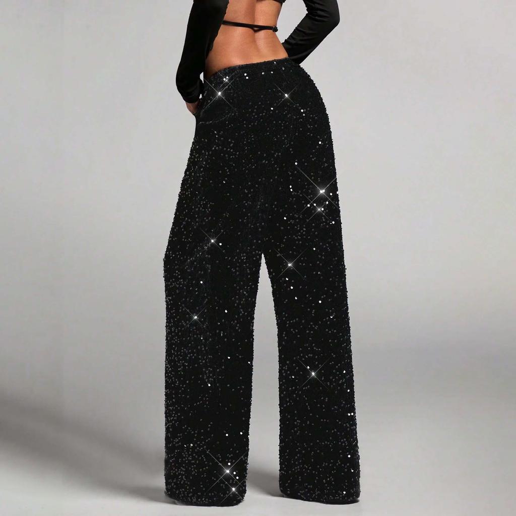 Women's Adult Sequined Fashion Drawstring Slimming Stretch Straight Leg Pants